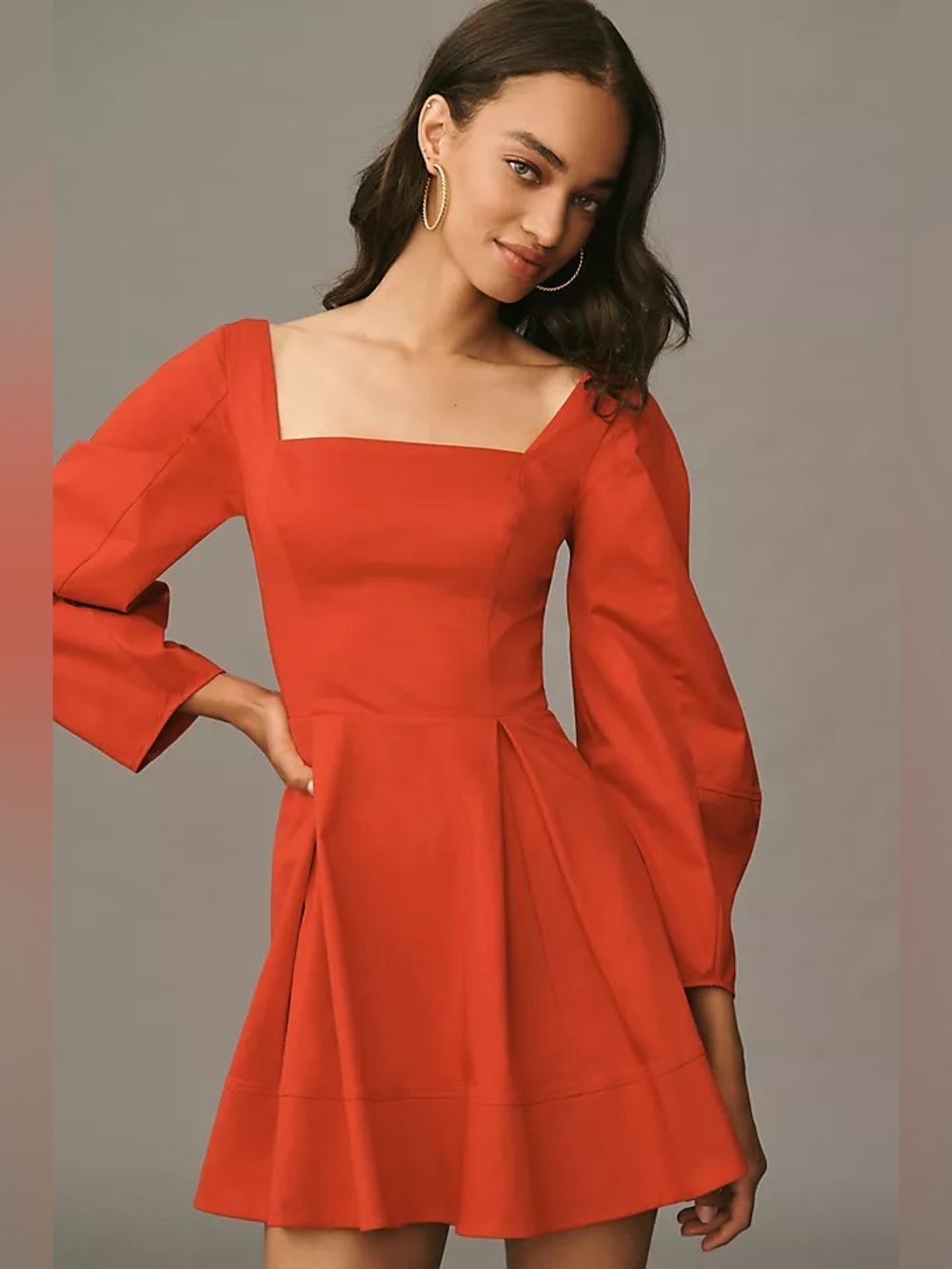 Anthropologie Maeve Long-Sleeve Square-Neck Pleated Mini Dress‎ Small Bright Red